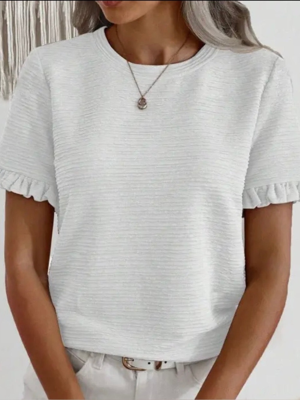Women’s White Short Sleeve Textured Ruffle Tee